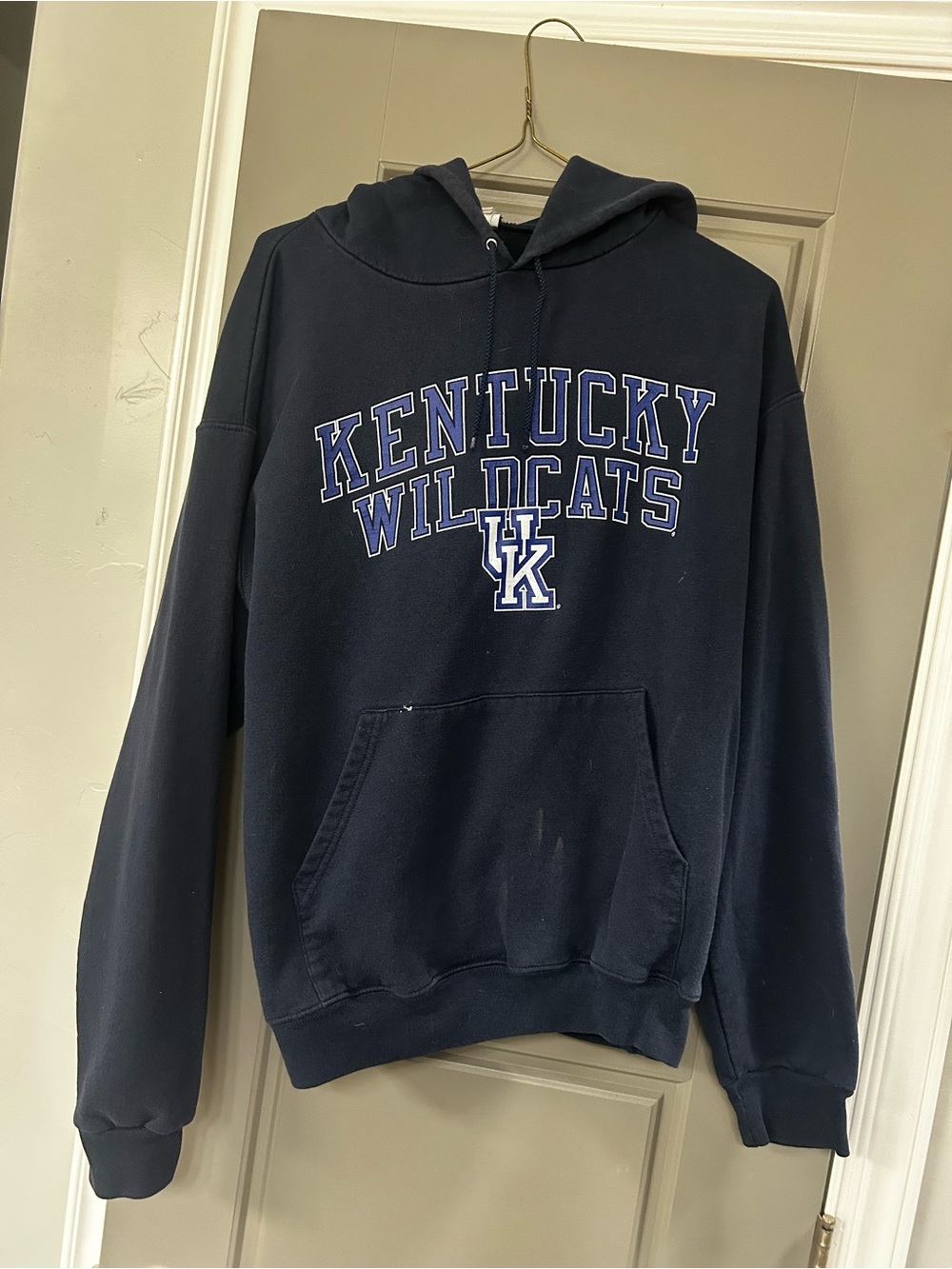 Kentucky Wildcat Champion Navy Hooded Sweatshirt with White & Royal Lettering